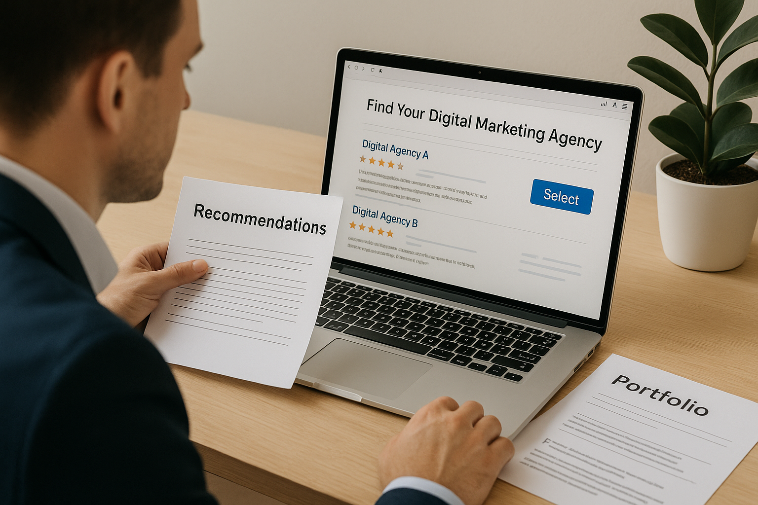 Preduzetnik bira agenciju za digitalni marketing na osnovu preporuka i analize portfolij