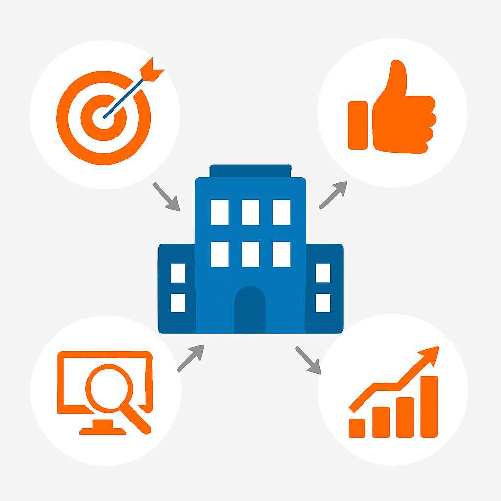 Ilustracija poslovne zgrade okružene ikonama koje simbolizuju ciljanje, odobravanje, analizu i rast — vizualni prikaz ključnih aspekata uspješne digitalne strategije.