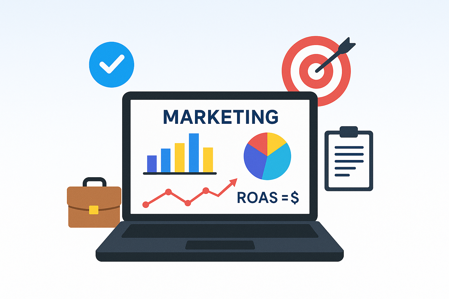 Ilustracija laptopa sa prikazom marketing podataka i grafikona, okruženog simbolima strategije poput crveno-bijele mete, svijetlosmeđe poslovne torbe, plave verifikacione oznake i dokumenta, na svijetloj pozadini u bojama Evolve Up brenda.