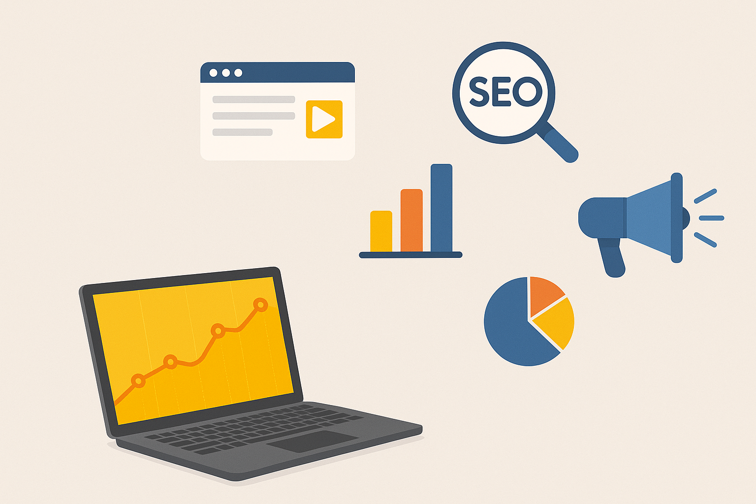 Ilustracija laptopa u donjem lijevom uglu sa prikazom grafikona na ekranu, okruženog letećim simbolima digitalnog marketinga –SEO, oglašavanje, email, grafikon učinka, pie chart i web preglednik, koji vizualno predstavljaju usluge digitalne agencije.