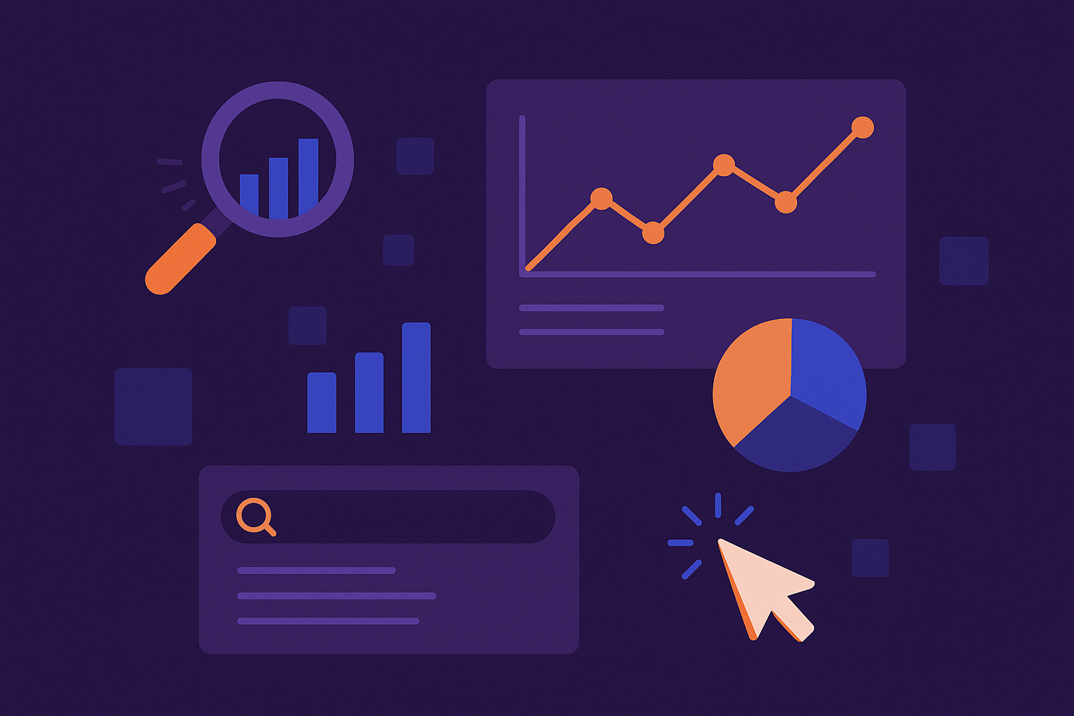 Ilustracija u flat dizajnu prikazuje grafove, tražilicu, pie chart i pokazivač miša na tamnoj pozadini, simbolizujući analizu i donošenje odluka u digitalnom marketingu.