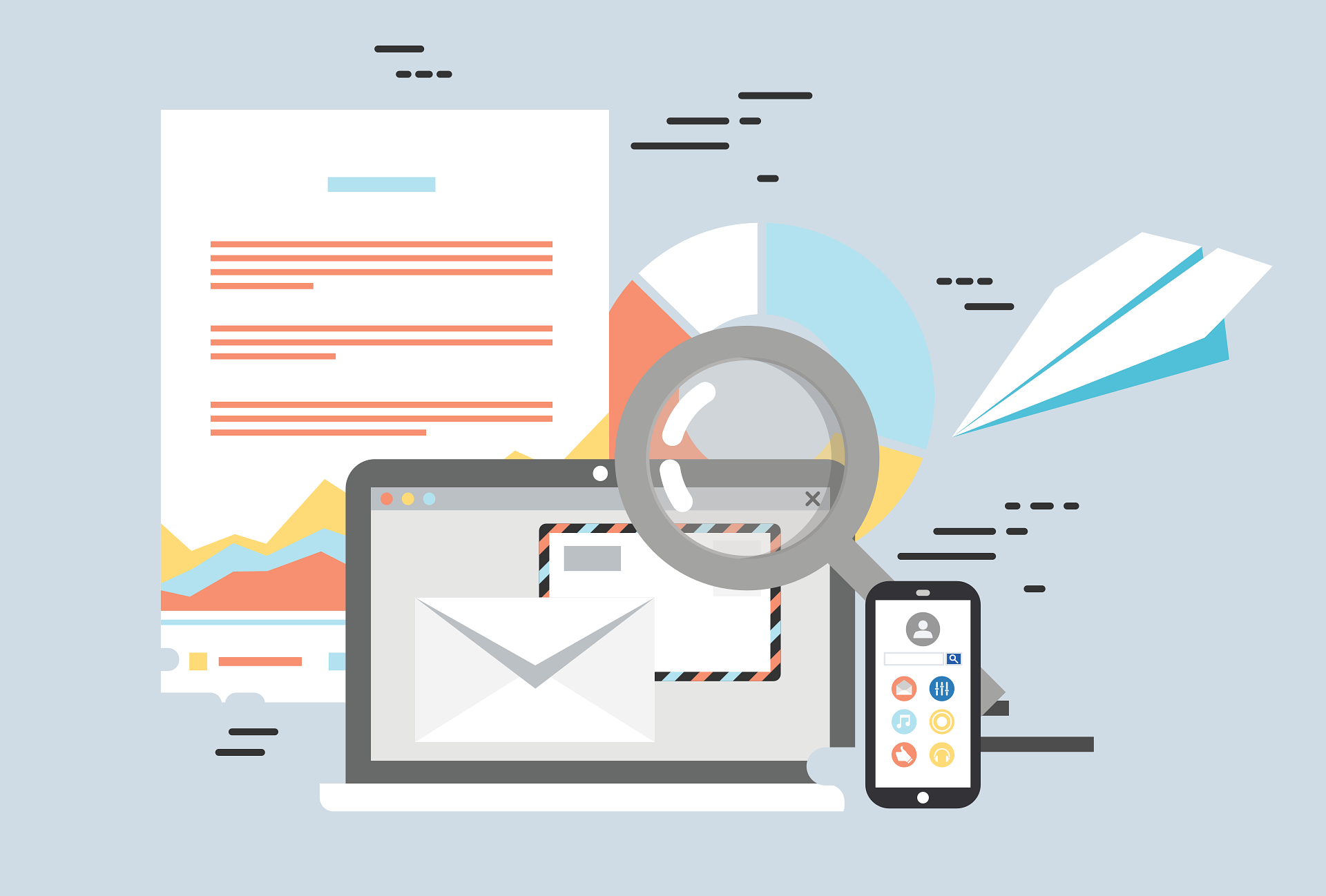 Digitalna ilustracija koja prikazuje laptop sa otvorenim emailom, mobilni telefon, grafikon rasta i papirni avion, simbolizujući online komunikaciju, analitiku i digitalni marketing u savremenom poslovanju.