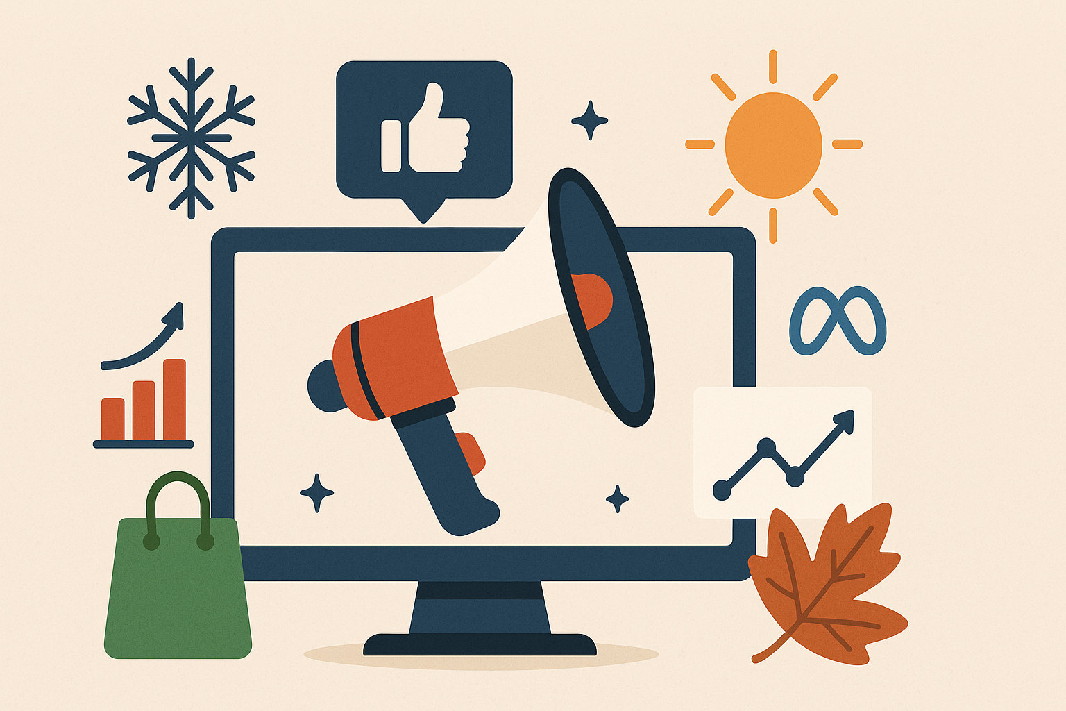 Digitalna ilustracija prikazuje ekran računara sa megafonom u centru, okružen sezonskim ikonama — pahuljicom, suncem, jesenjim listom i grafikonima. Dodatni simboli poput Facebook lajka, Meta loga i grafova sugerišu digitalno oglašavanje kroz godišnja doba.