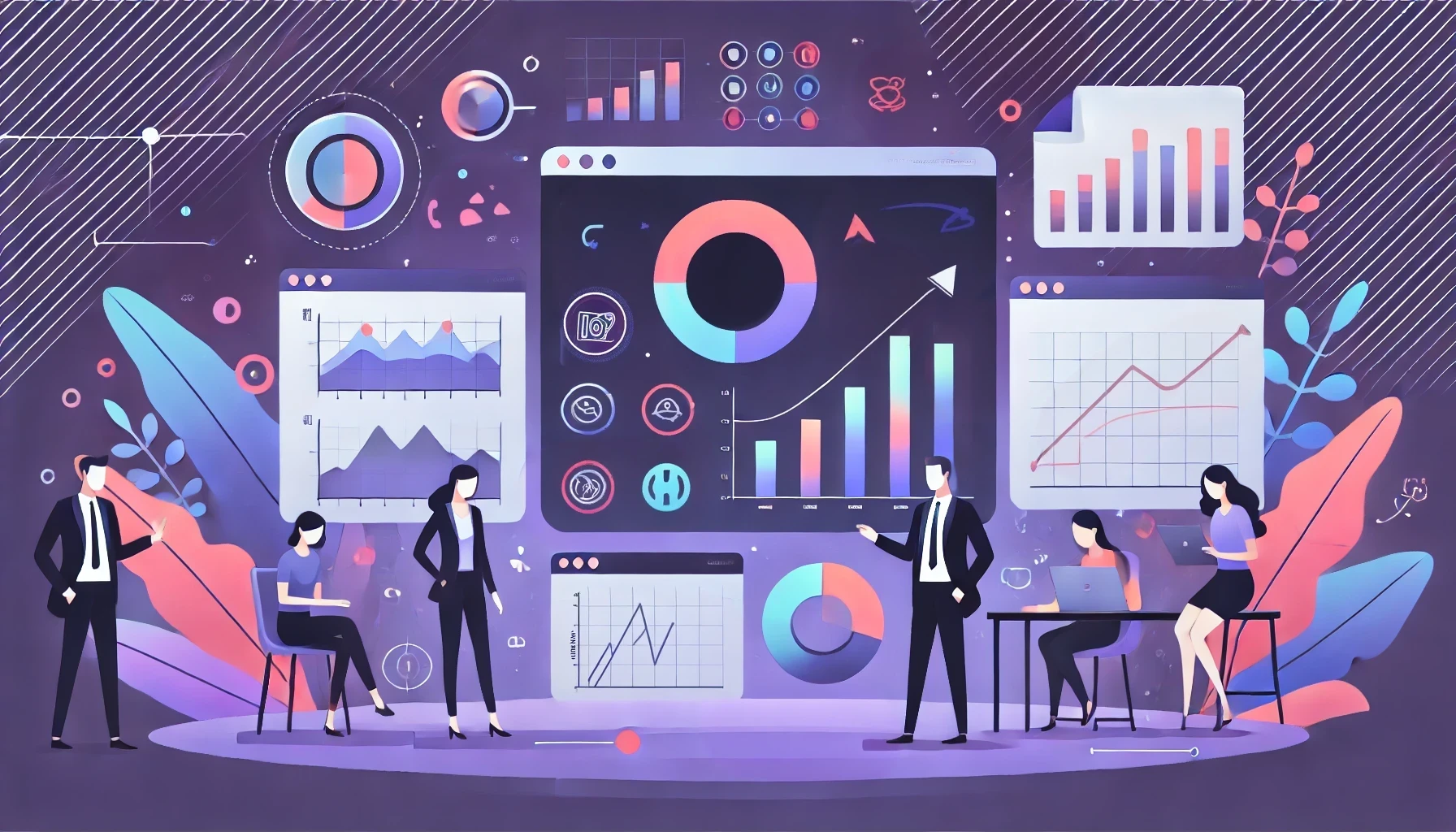 Vizualna ilustracija analize podataka u digitalnom marketingu, s prikazom grafova, KPI metrika i poslovnog tima ispred analitičkih ekrana.