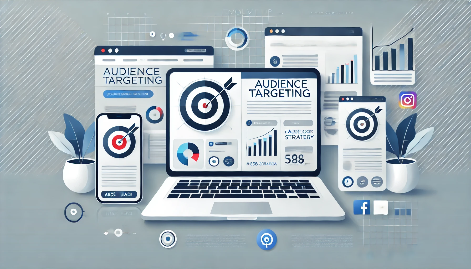 Ilustracija u vektorskom stilu prikazuje laptop sa analitičkim izveštajem, mobilni telefon sa prikazom oglasa na društvenim mrežama i ikone za ciljanje publike, na svetlosivoj digitalnoj pozadini sa plavim akcentima.