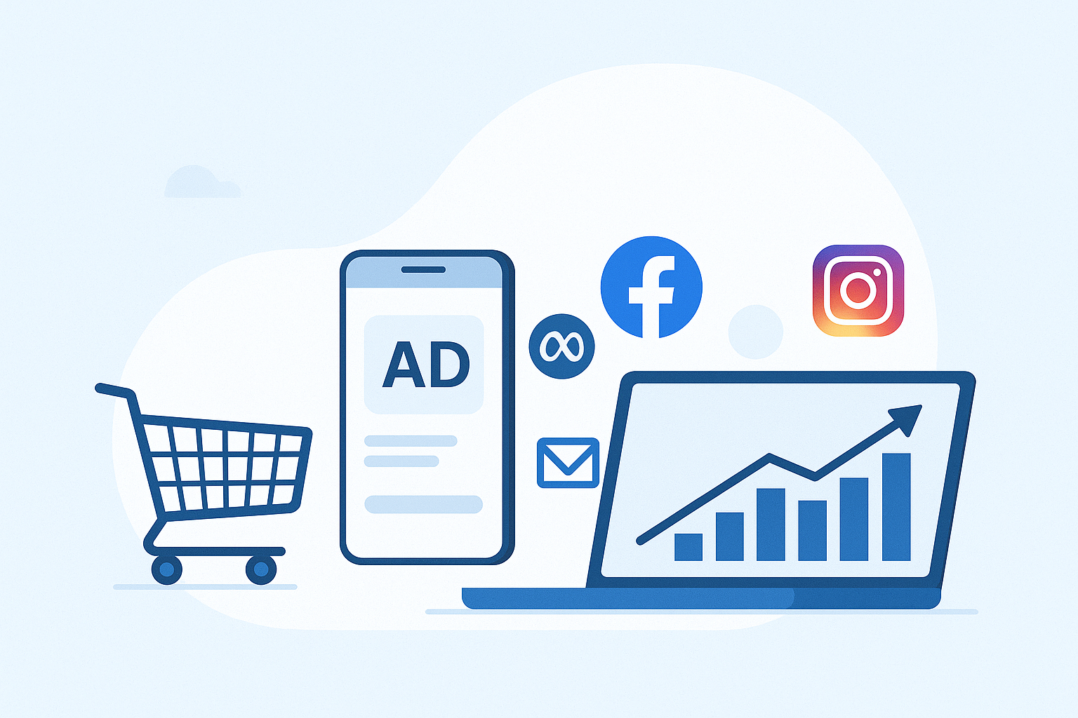 Ilustracija prikazuje simbole e-trgovine i digitalnog oglašavanja: kolica za kupovinu, pametni telefon s oglasom, laptop s grafom rasta, te logotipe Meta, Facebooka, Instagrama, Googlea i e-maila na svijetloplavoj pozadini.