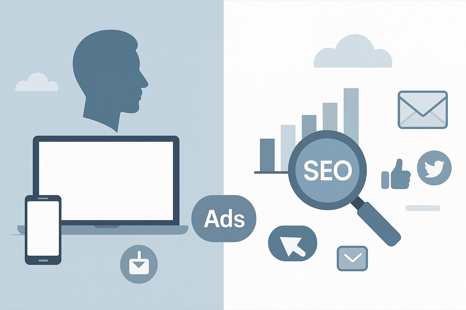 Ilustracija podeljena na dva dela koja simbolizuje mitove i stvarnost u digitalnom marketingu; leva strana prikazuje ikone poput oglasa, laptopa i pametnog telefona, dok desna strana prikazuje SEO, grafikon, društvene mreže i analitiku u svetlim poslovnim bojama.