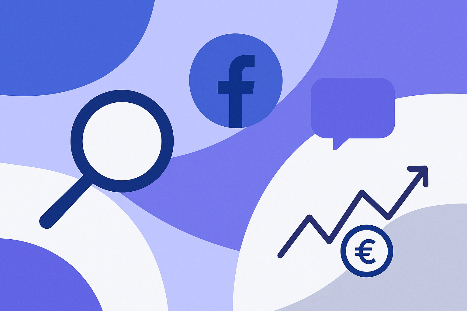 Minimalistička ilustracija Google i Facebook oglasa sa lupicom, Facebook ikonicom, grafom rasta i chat oblačićem u plavo-ljubičastim tonovima