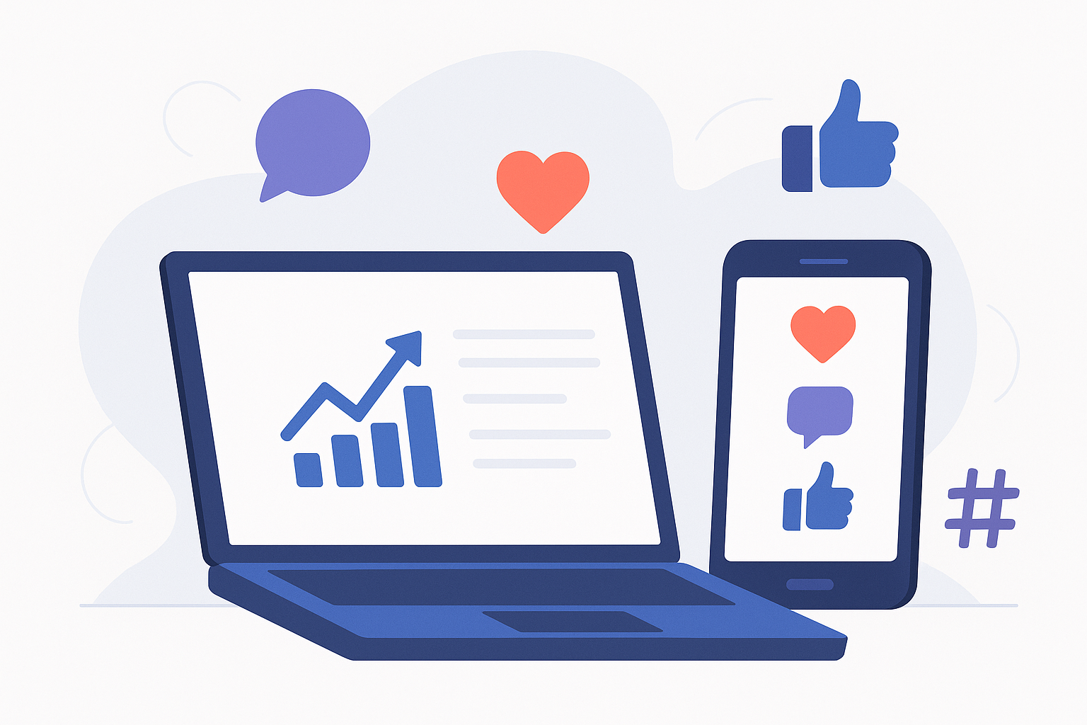 Ilustracija laptopa i pametnog telefona sa simbolima digitalnog marketinga i društvenih mreža, uključujući srce, lajk, hashtag i grafikon rasta, koji predstavljaju profesionalno online prisustvo biznisa.