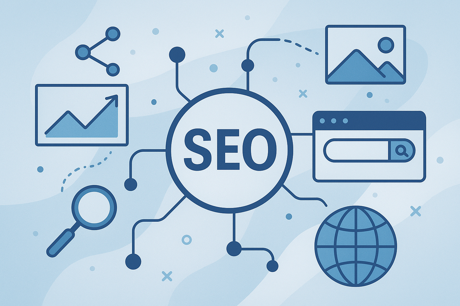 Apstraktna ilustracija SEO optimizacije sa ikonama pretraživanja, grafikona i globalne mreže u plavim tonovima