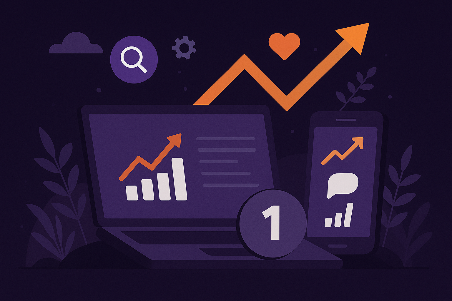 Tamna flat ilustracija: lupa, globus, traka pretrage i graf sa strelicom nagore, simbolizuju organski rast
