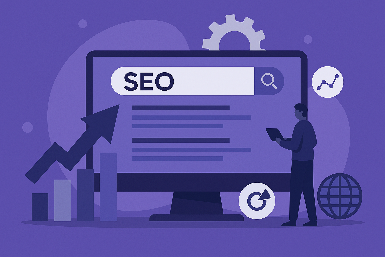 Ilustracija SEO procesa sa prikazom rezultata pretrage, grafikonima i simbolima rasta u plavim, ljubičastim i sivim tonovima