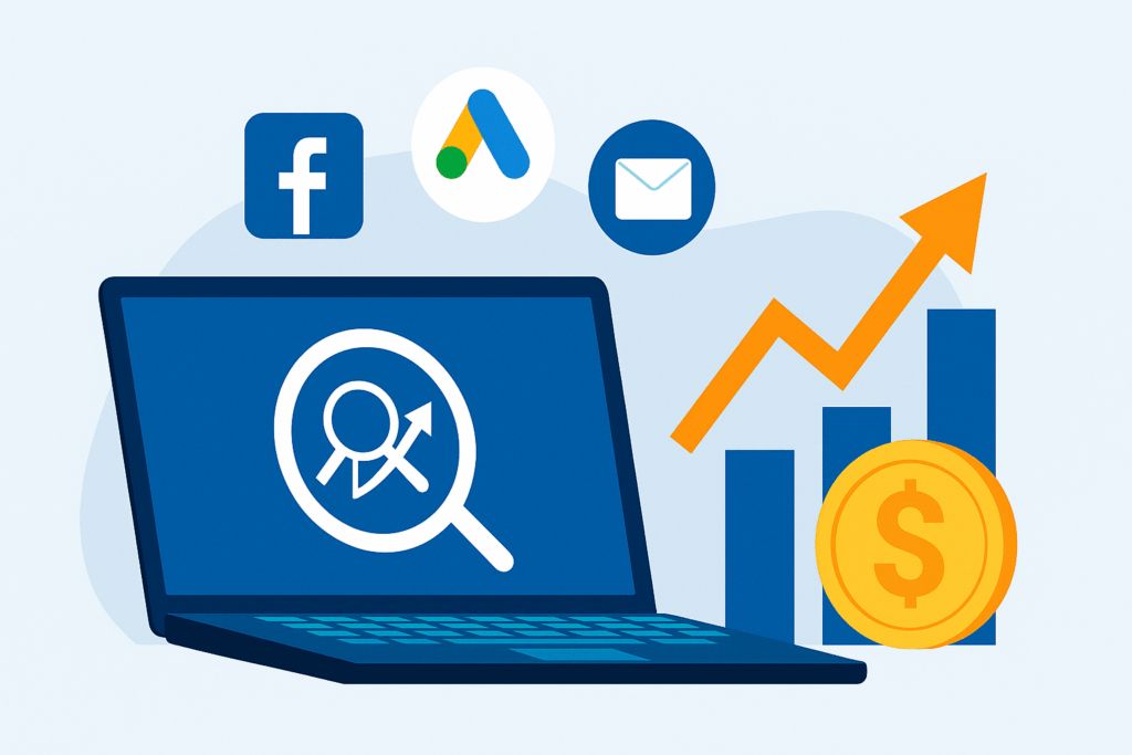 Ilustracija prikazuje laptop, ikone Google Ads, Meta i e-mail marketinga, te grafikon rasta i novčić koji simbolizuju uspjeh digitalnog marketinga.