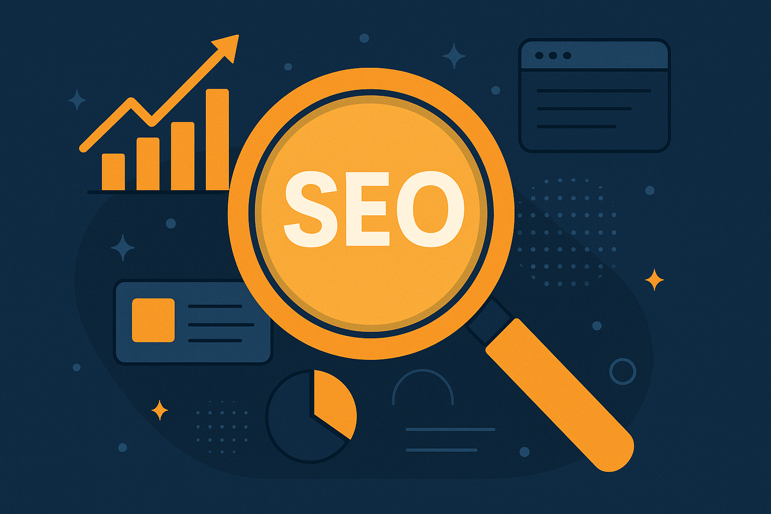 Ilustracija koncepta SEO optimizacije sa grafikonima rasta i elementima analitike u plavim i zlatnim tonovima.