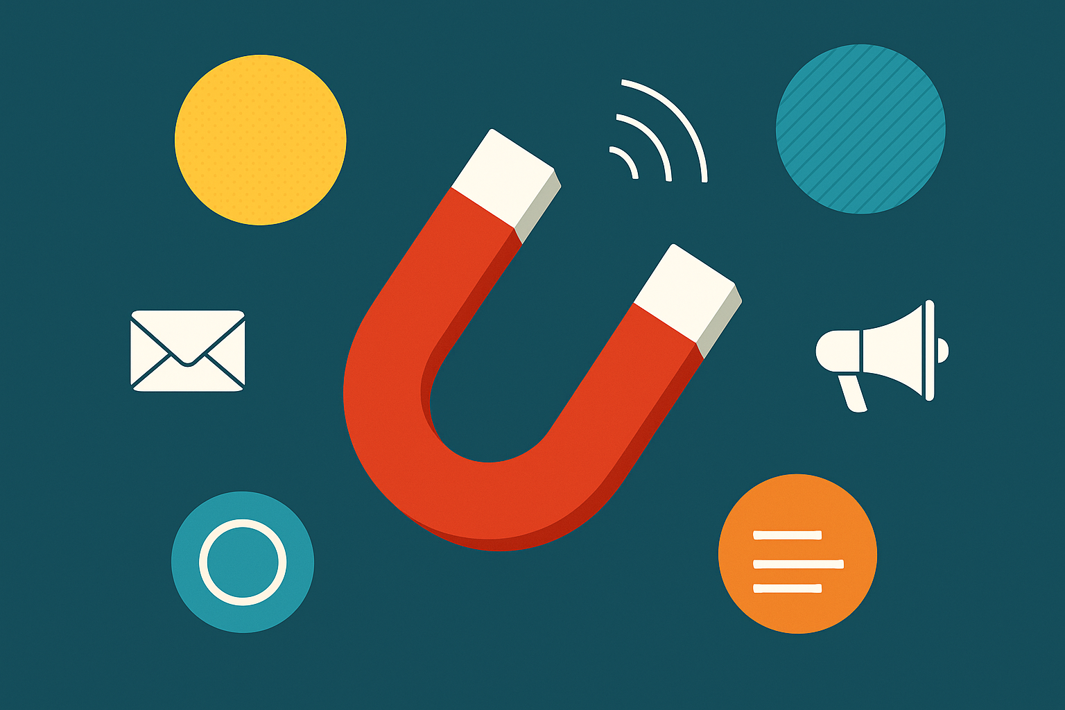 Ilustracija magneta koji privlači digitalne ikone kao simbol lead magneta u digitalnom marketingu, u bojama brenda Evolve up consultinga (plava, tirkizna, crvena i bijela).