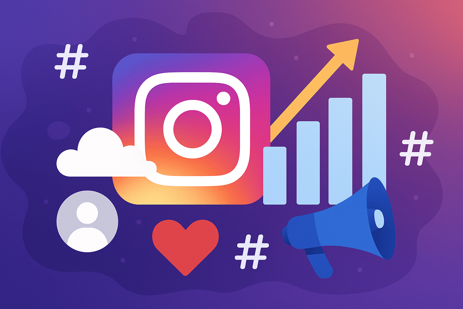 Ilustracija rasta brenda na Instagramu – logo, grafikon, megafon i hashtagovi u Evolve Up stilu.