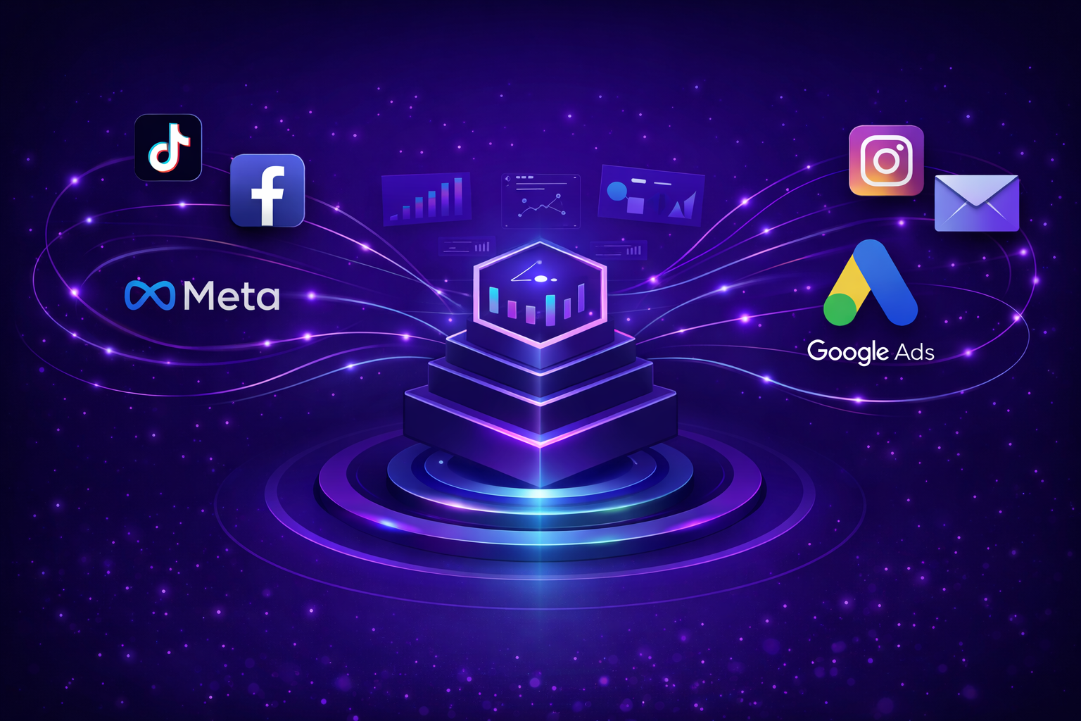 Ilustracija moderne strategije digitalnog marketinga koja povezuje društvene mreže, Meta ads, Google ads i E mail marketing u jedinstven prodajni sistem